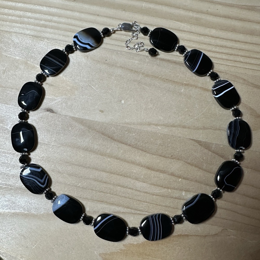 Vintage Artisan Bead Necklace 18 Inch Botswana Black Agate 925 Sterling 51.0g